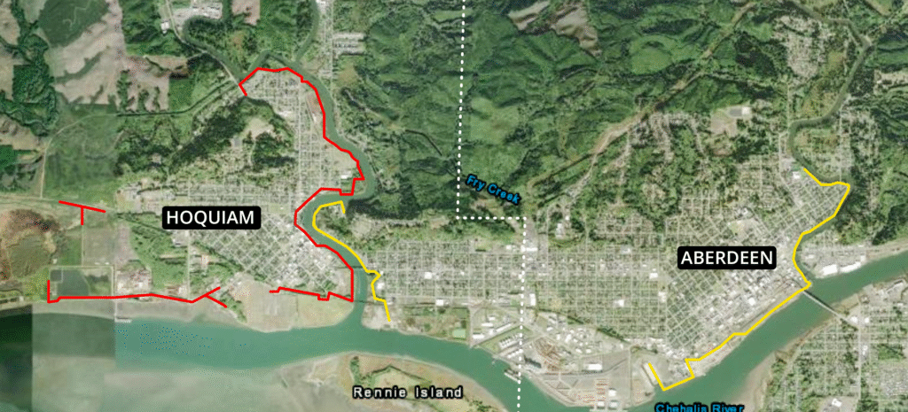 Map of North Shore Levee and North Shore Levee-West Project placements in Hoquiam and Aberdeen