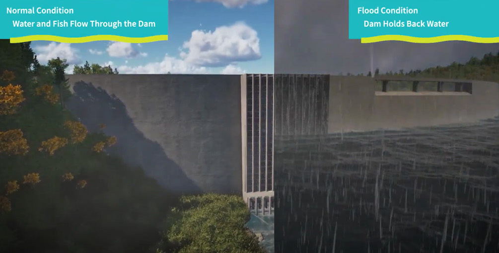 Rendering of proposed flow-through dam for flood control